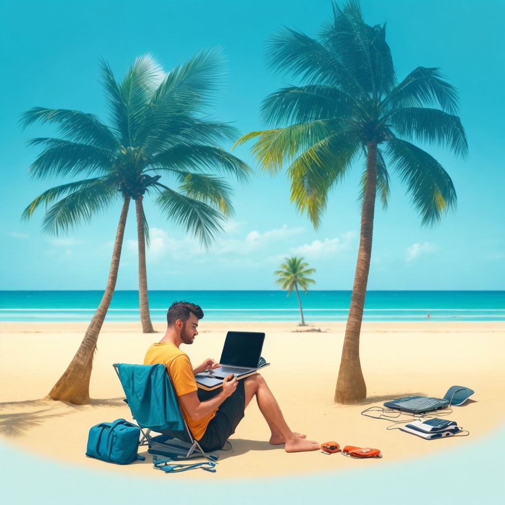 Digital nomad sitting on a white sand beach managing his digital marketing business beneath the shade of two palm trees while looking at a Caribbean blue ocean.