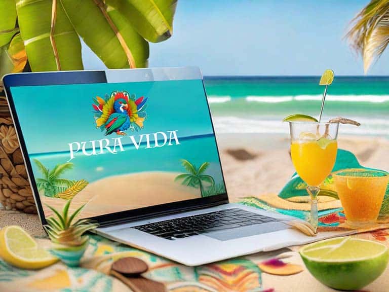 A portrayal of the Pura Vida Mexican lifestyle that learning affiliate marketing can provide, an open laptop sititng on a white sand Caribbean beach, with palm trees, coconuts, and exotic drinks.